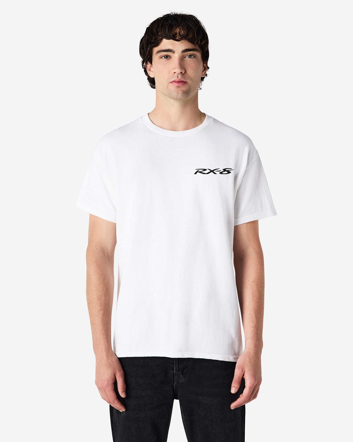 Person wearing a white t-shirt with 'RX-8' logo on a white background