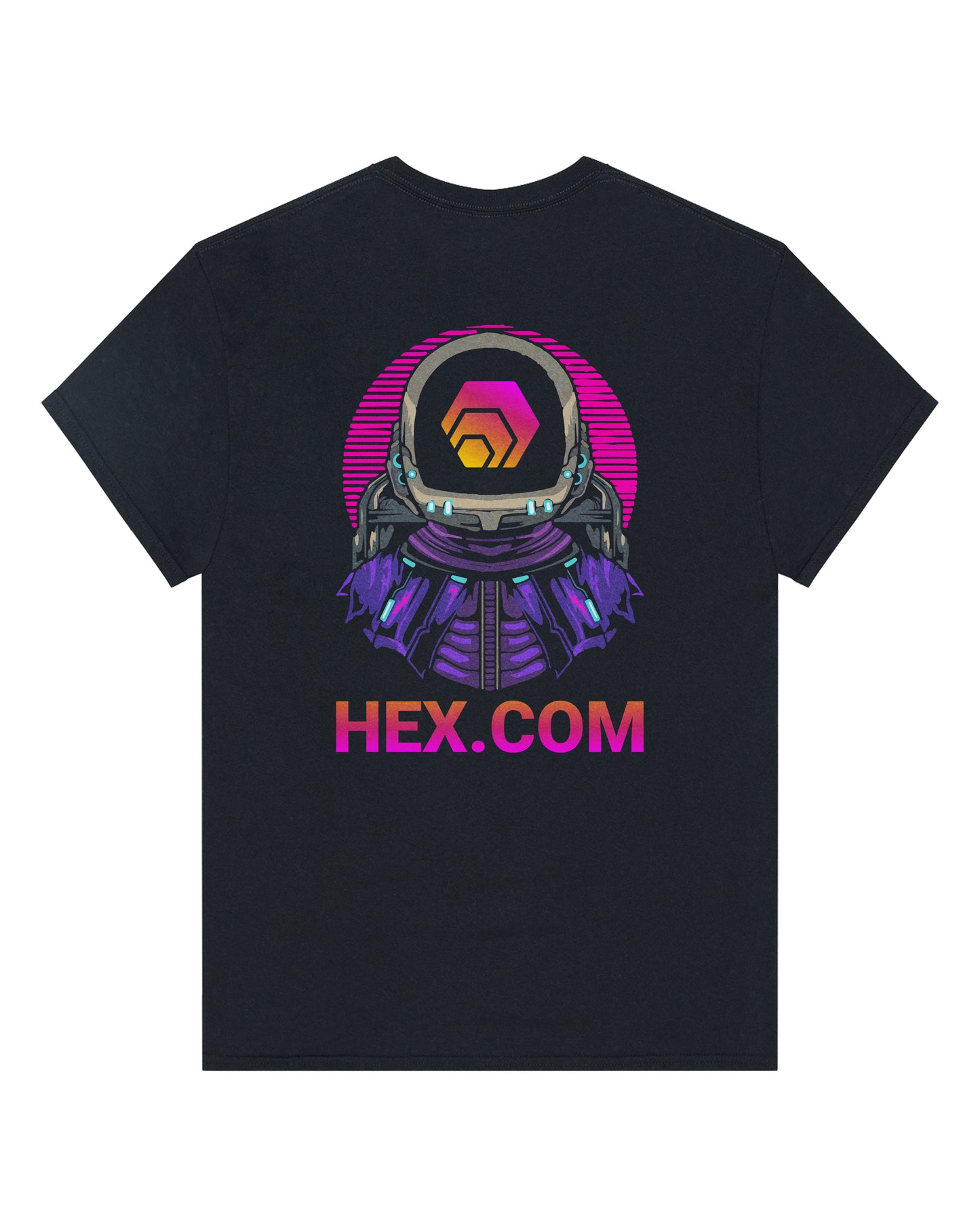 Black t-shirt with a futuristic astronaut graphic and 'HEX.COM' text