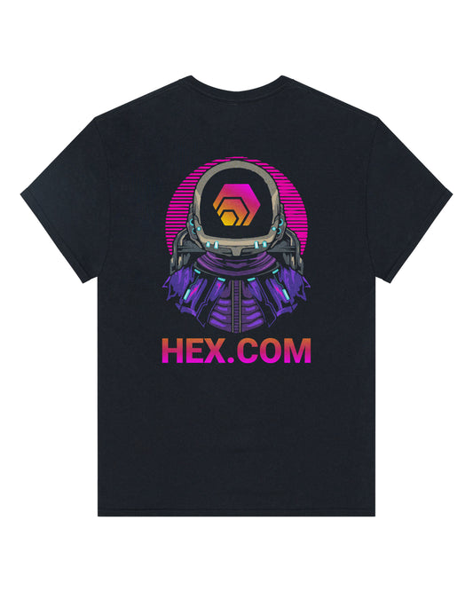 Black t-shirt with a futuristic astronaut graphic and 'HEX.COM' text