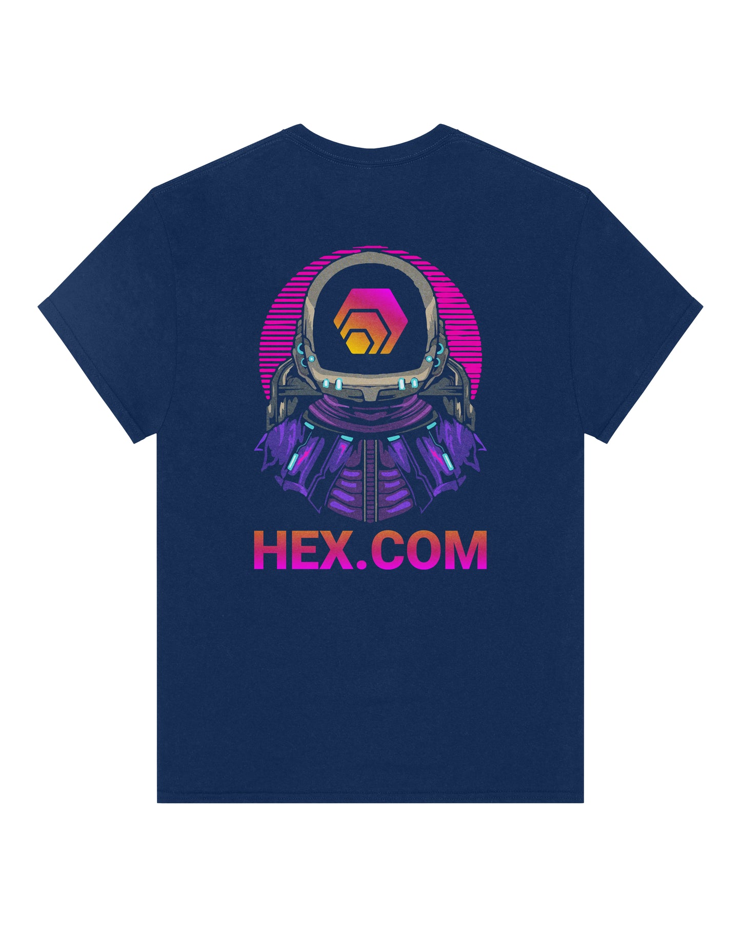 Navy blue t-shirt with a colorful astronaut graphic and 'HEX.COM' text on a white background