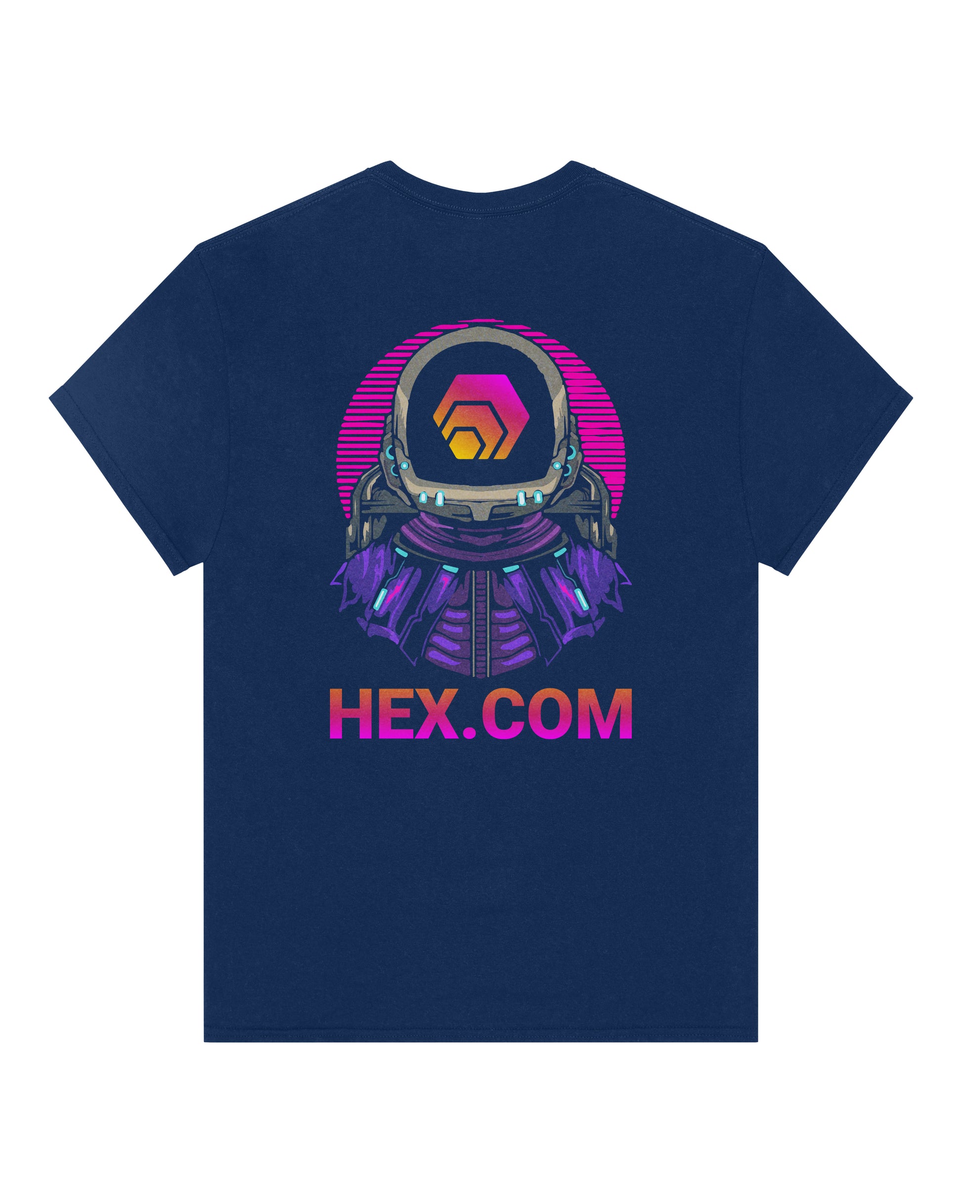 Navy blue t-shirt with a colorful astronaut graphic and 'HEX.COM' text on a white background