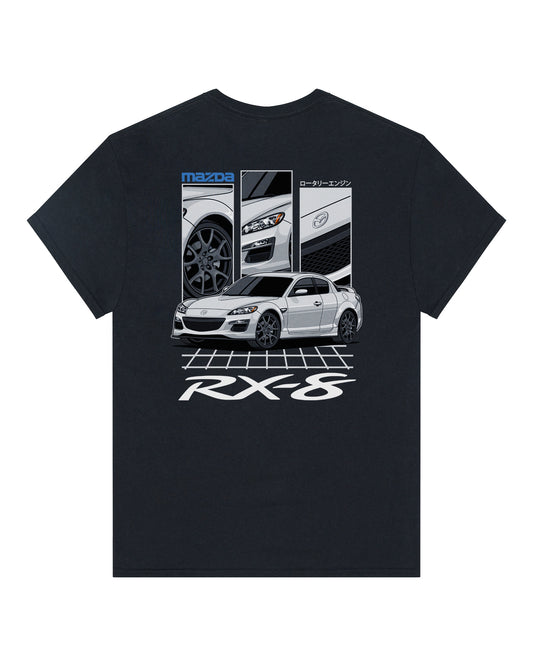 Black t-shirt with Mazda RX-8 graphic on a white background