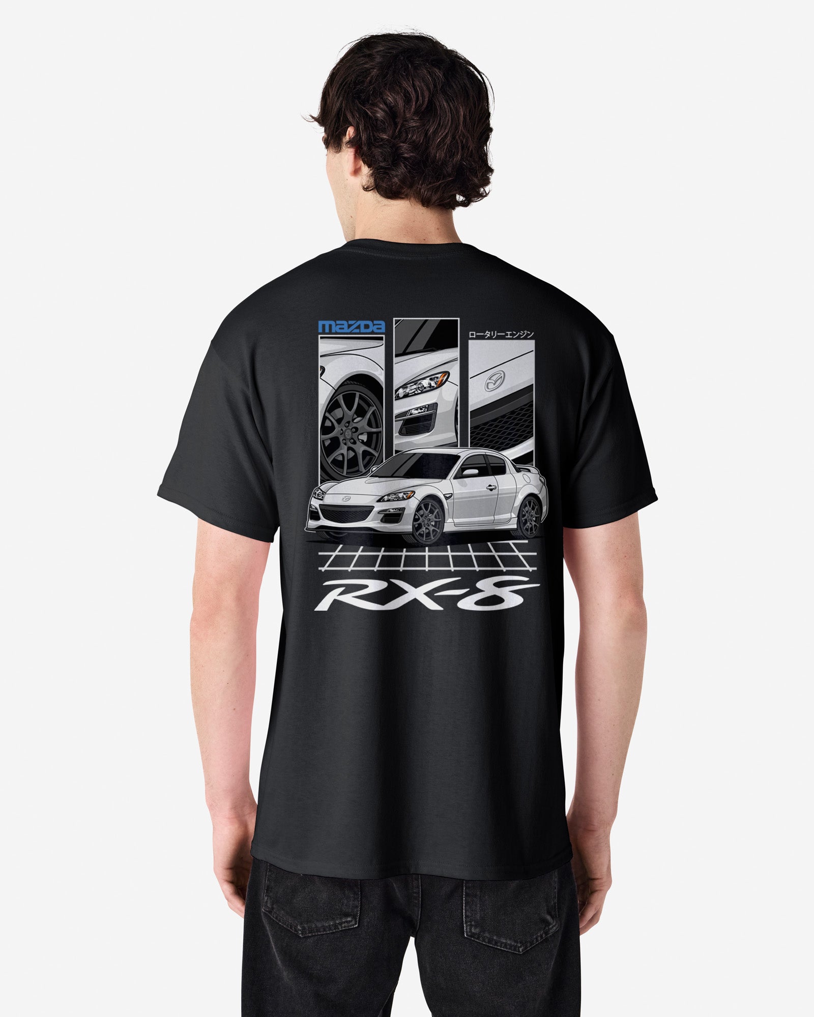 Person wearing a black t-shirt with a car graphic and 'RX-8' text on the back.