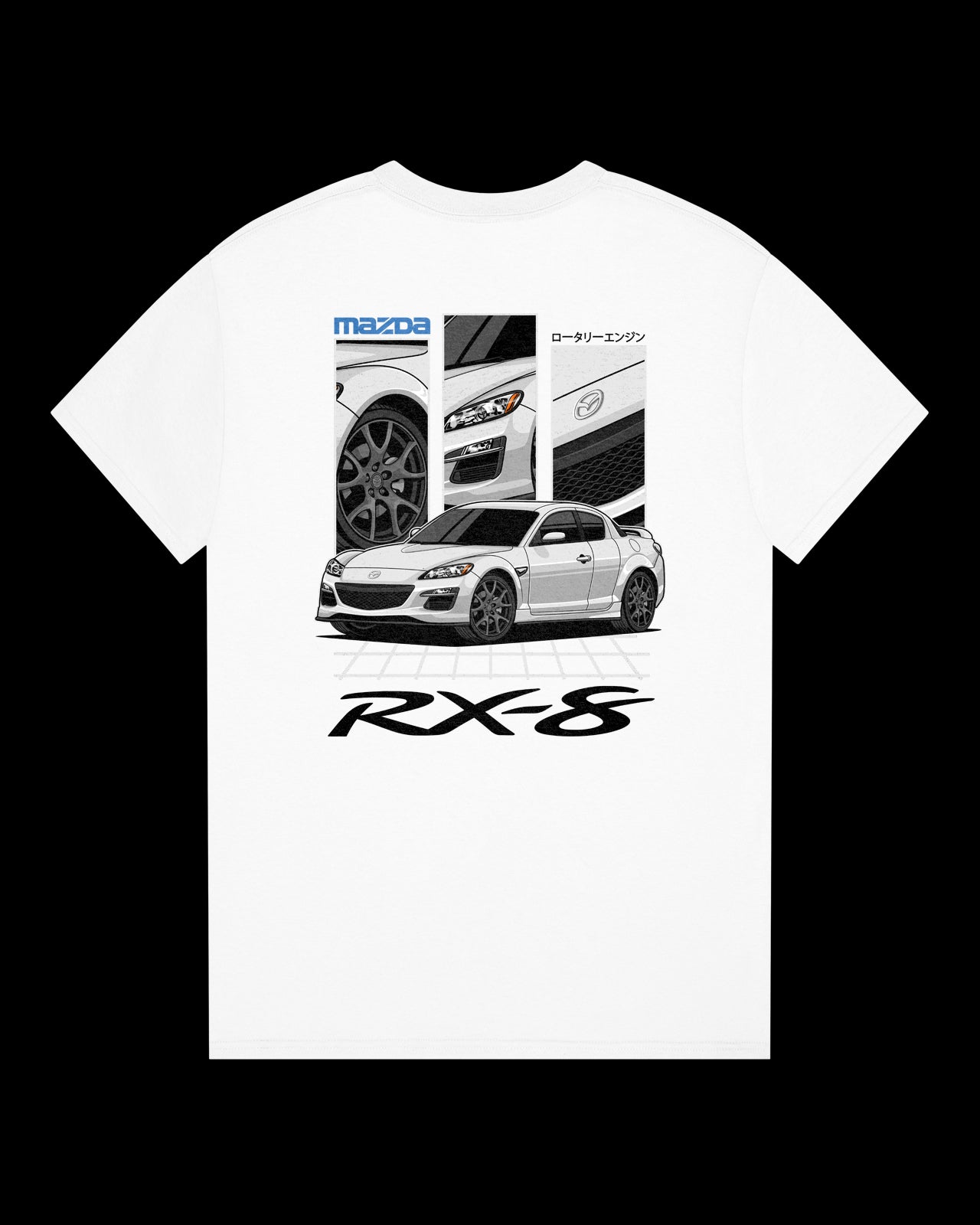 White t-shirt with Mazda RX-8 graphic on a black background