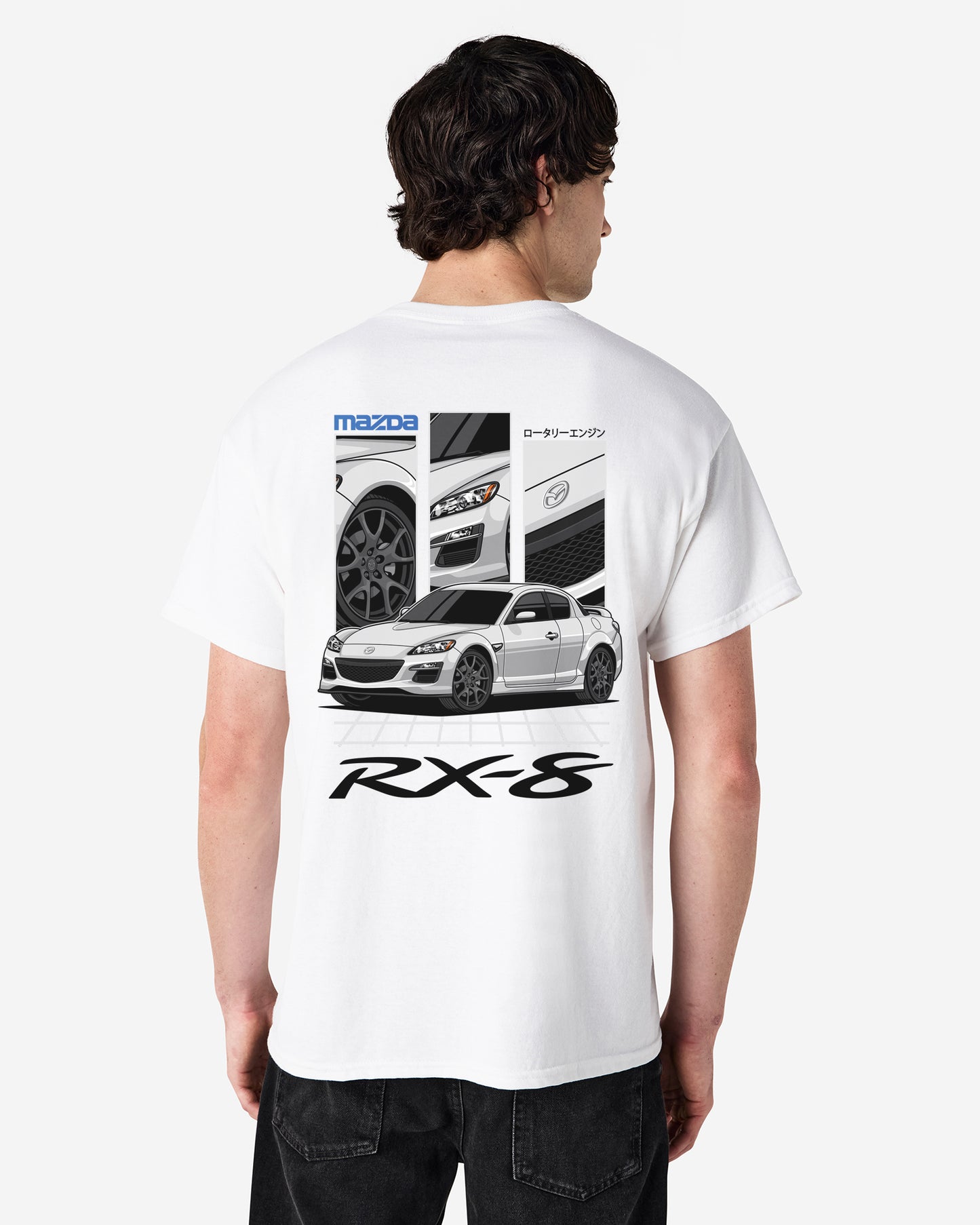 Person wearing a white t-shirt with Mazda RX-8 graphic on the back