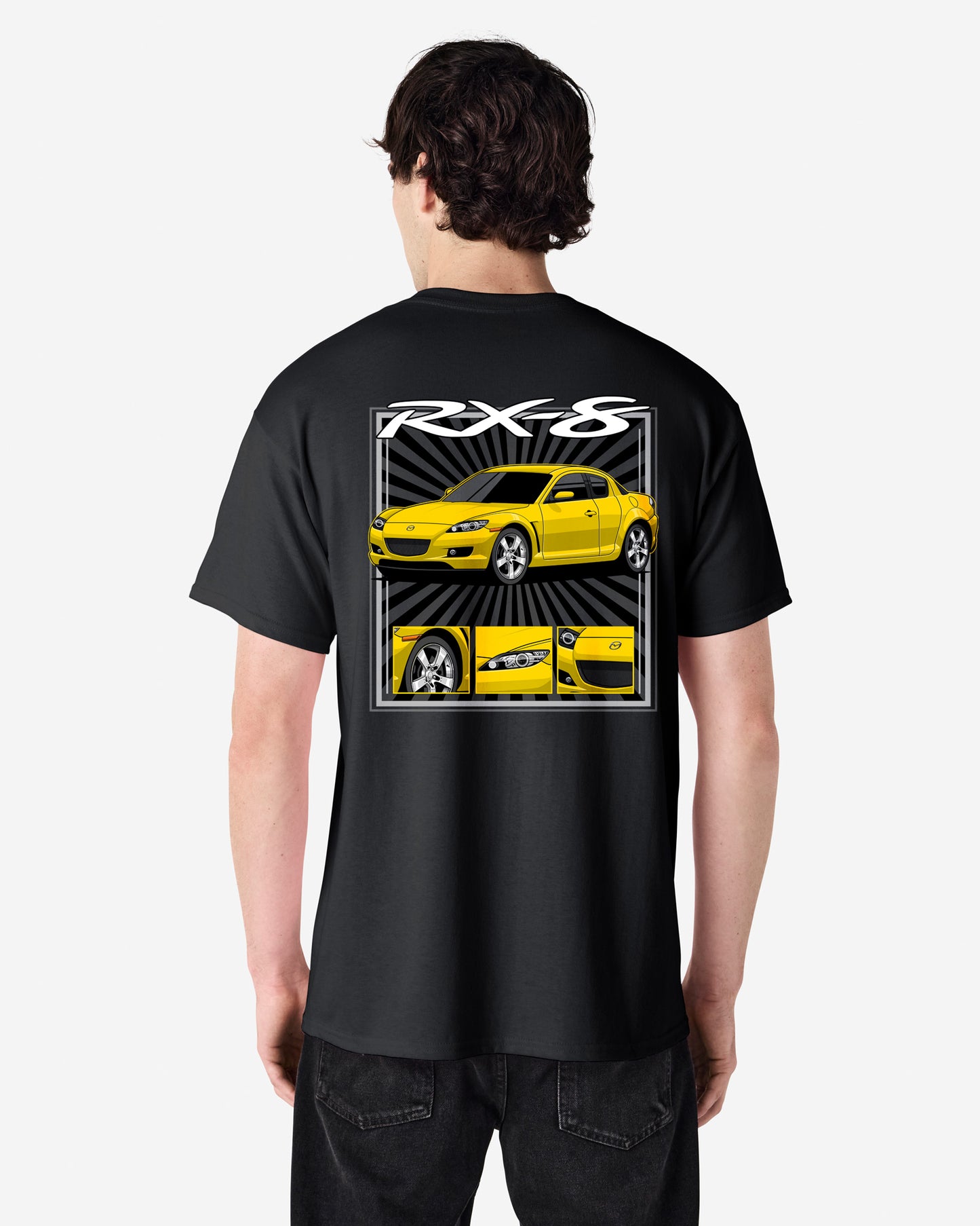 Person wearing a black t-shirt with a yellow car design on the back