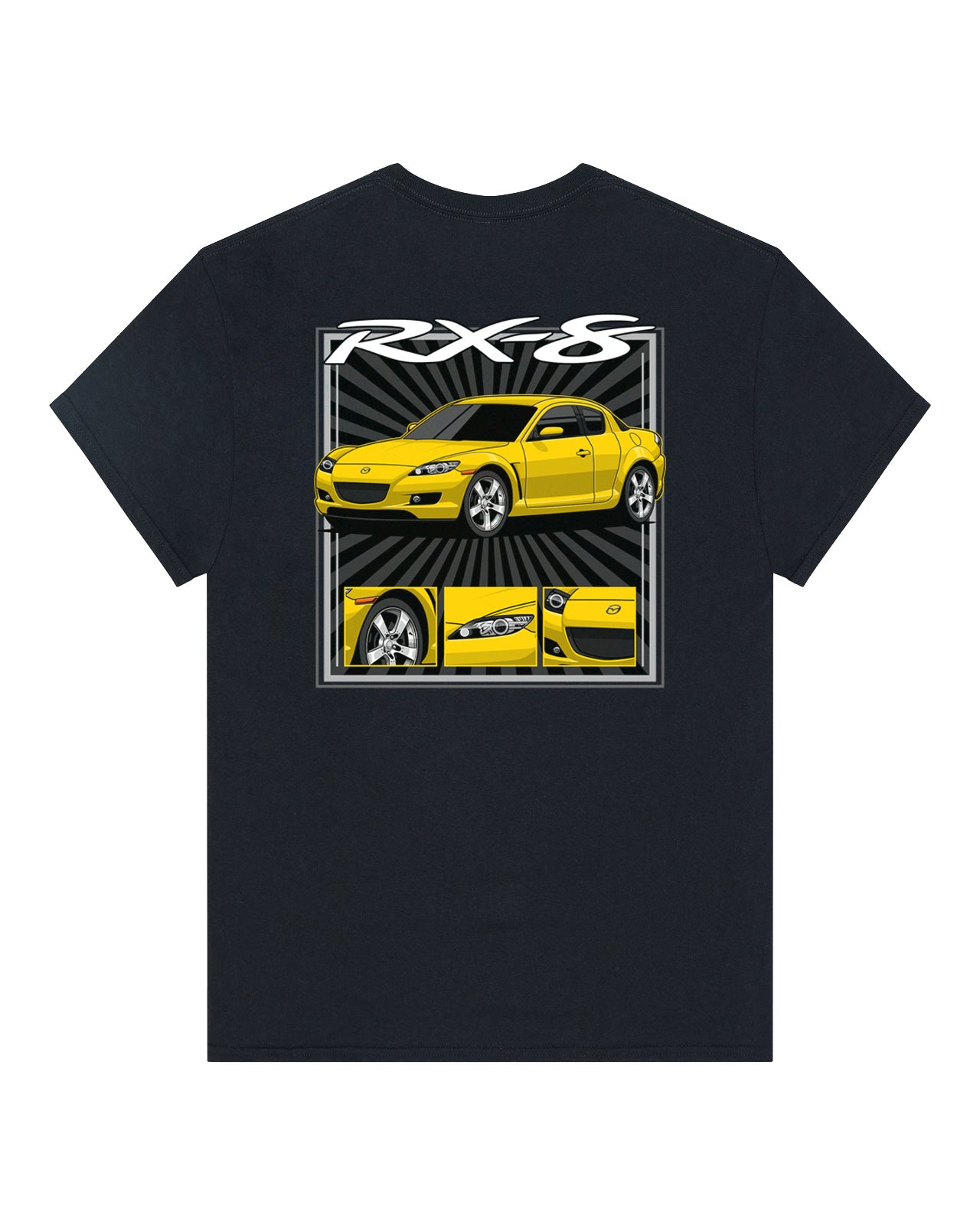 Black t-shirt with a yellow car graphic and 'RX-8' text 