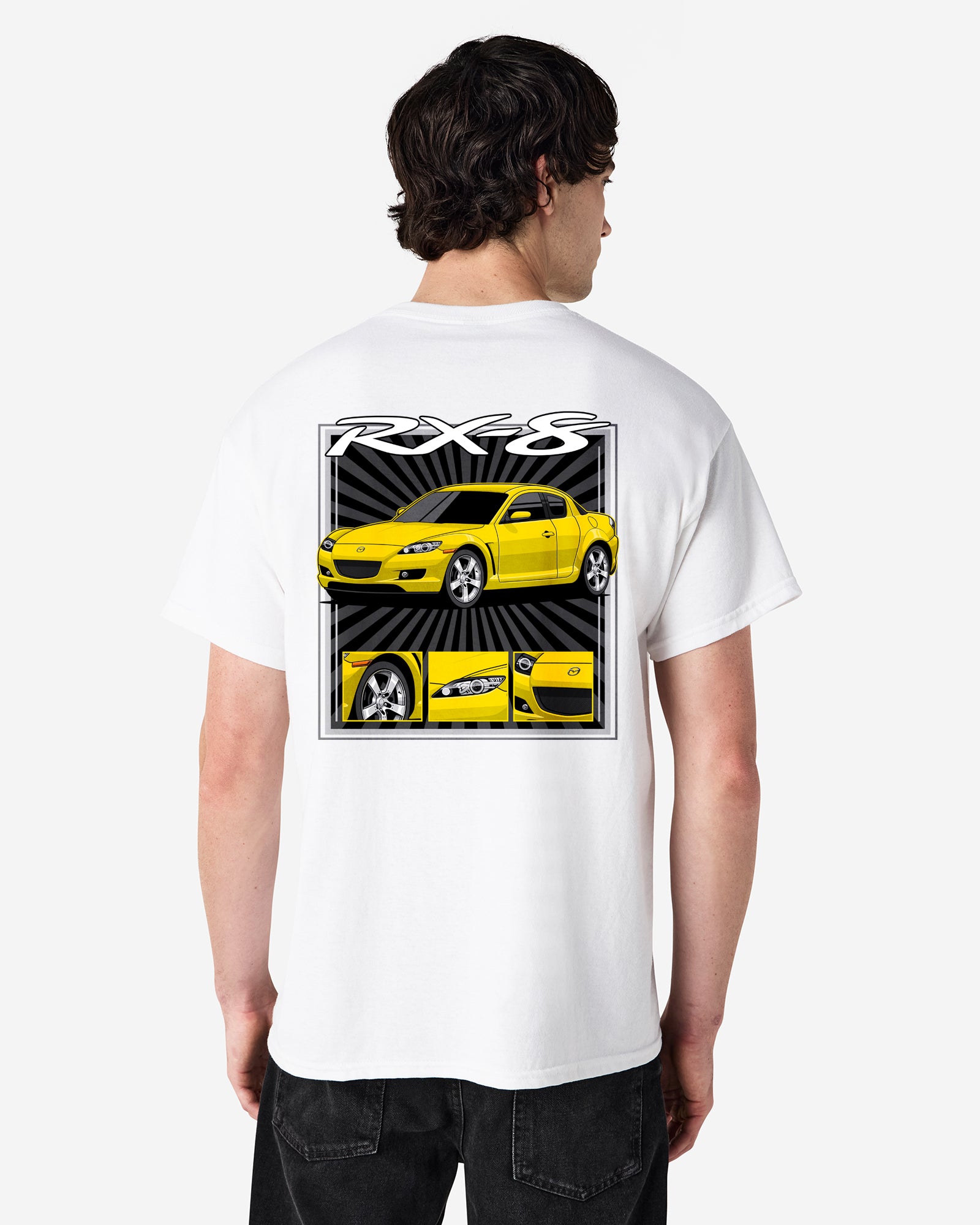 Person wearing a white t-shirt with a yellow car graphic on the back