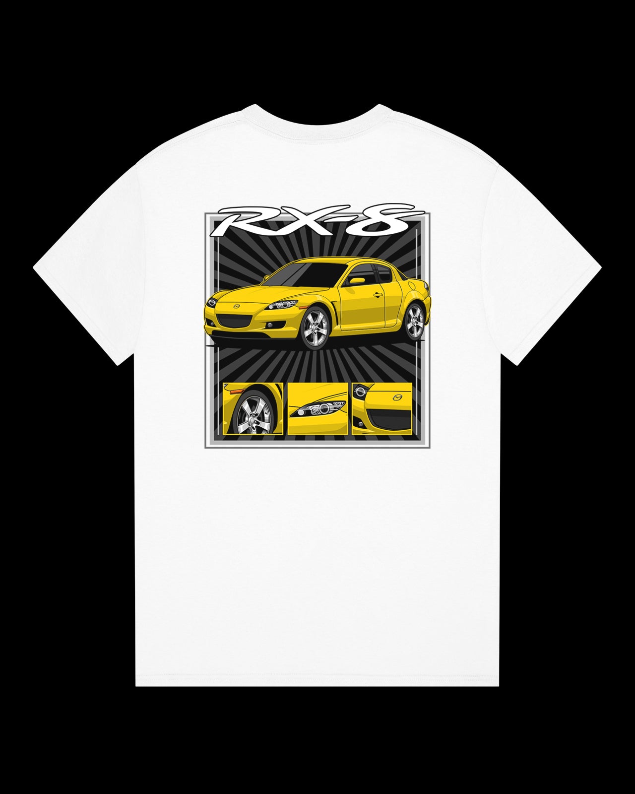 White t-shirt with a yellow car graphic and 'RX-8' text