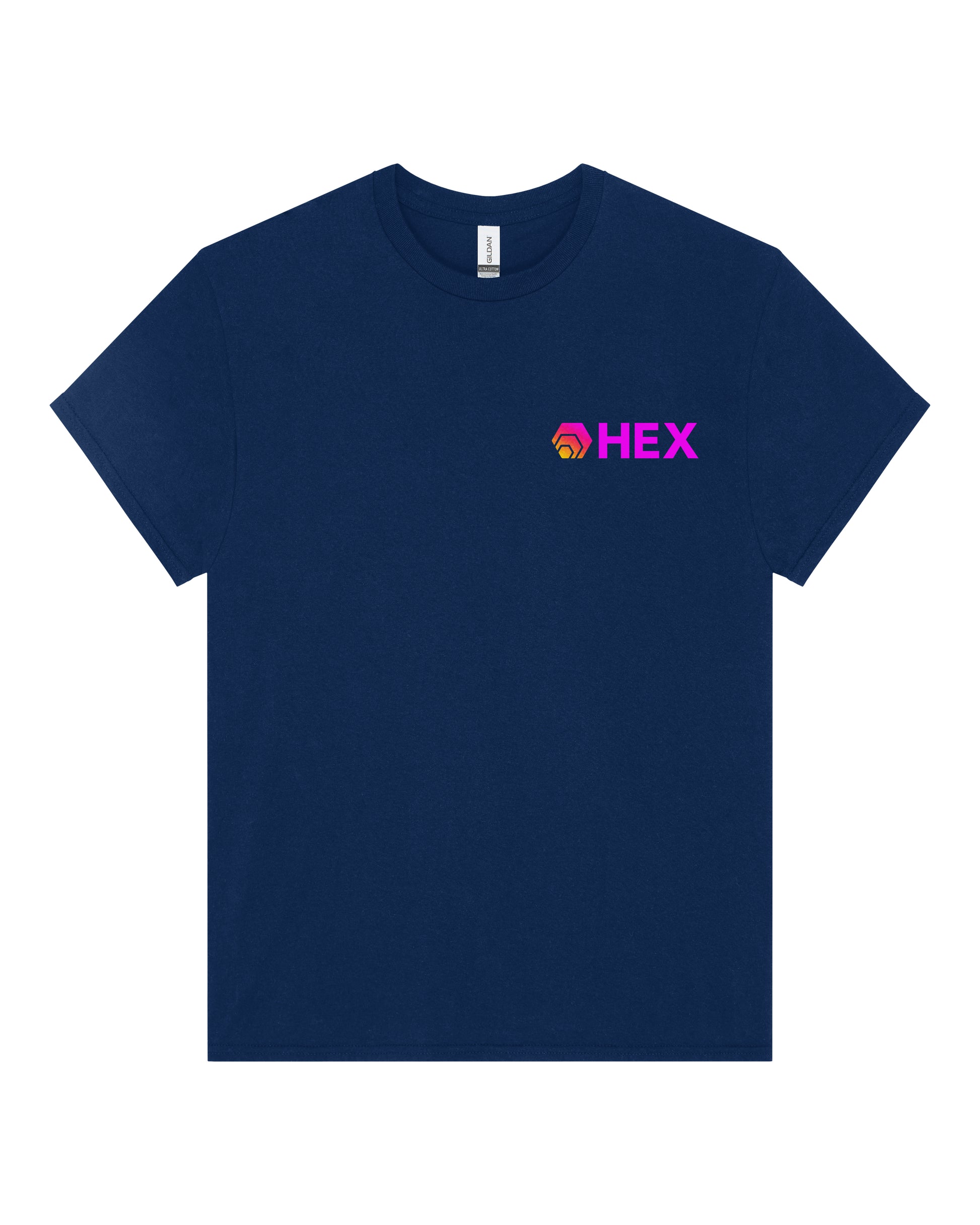 Navy blue t-shirt with 'HEX' logo on a white background