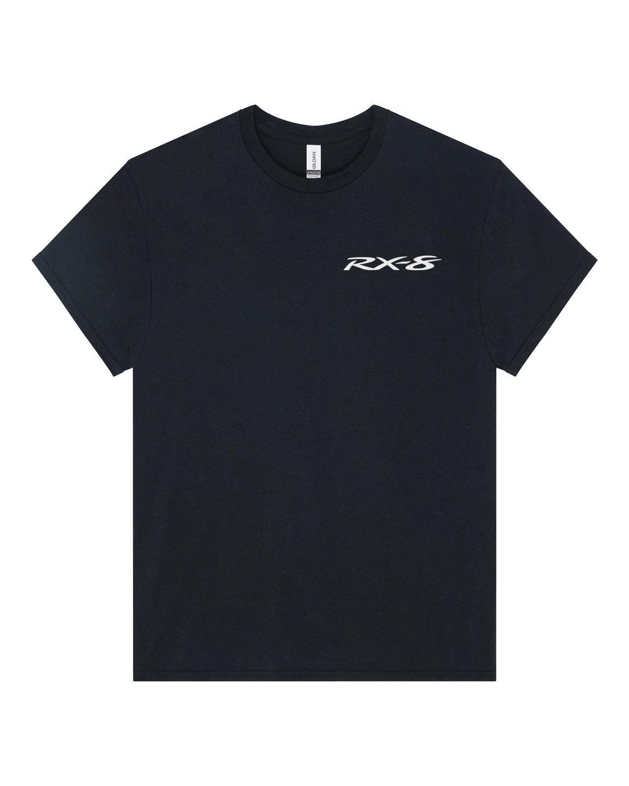 Black t-shirt with 'RX-8' logo on a white background