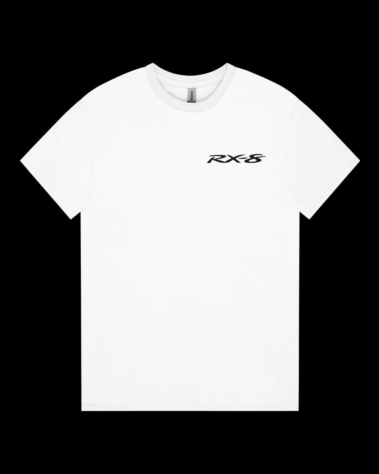 White t-shirt with 'RX-8' logo on a black background
