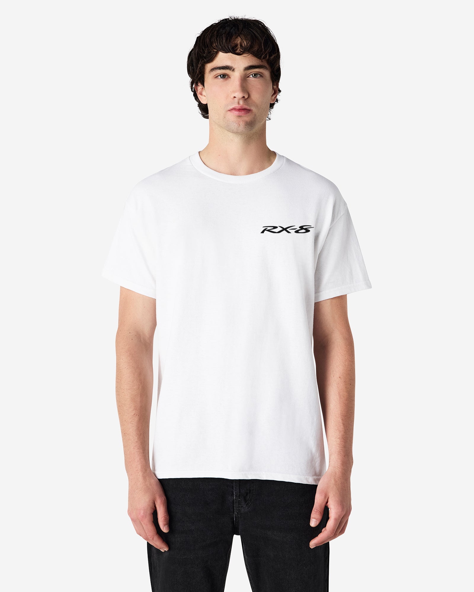 Person wearing a white t-shirt with 'RX-8' logo on a white background