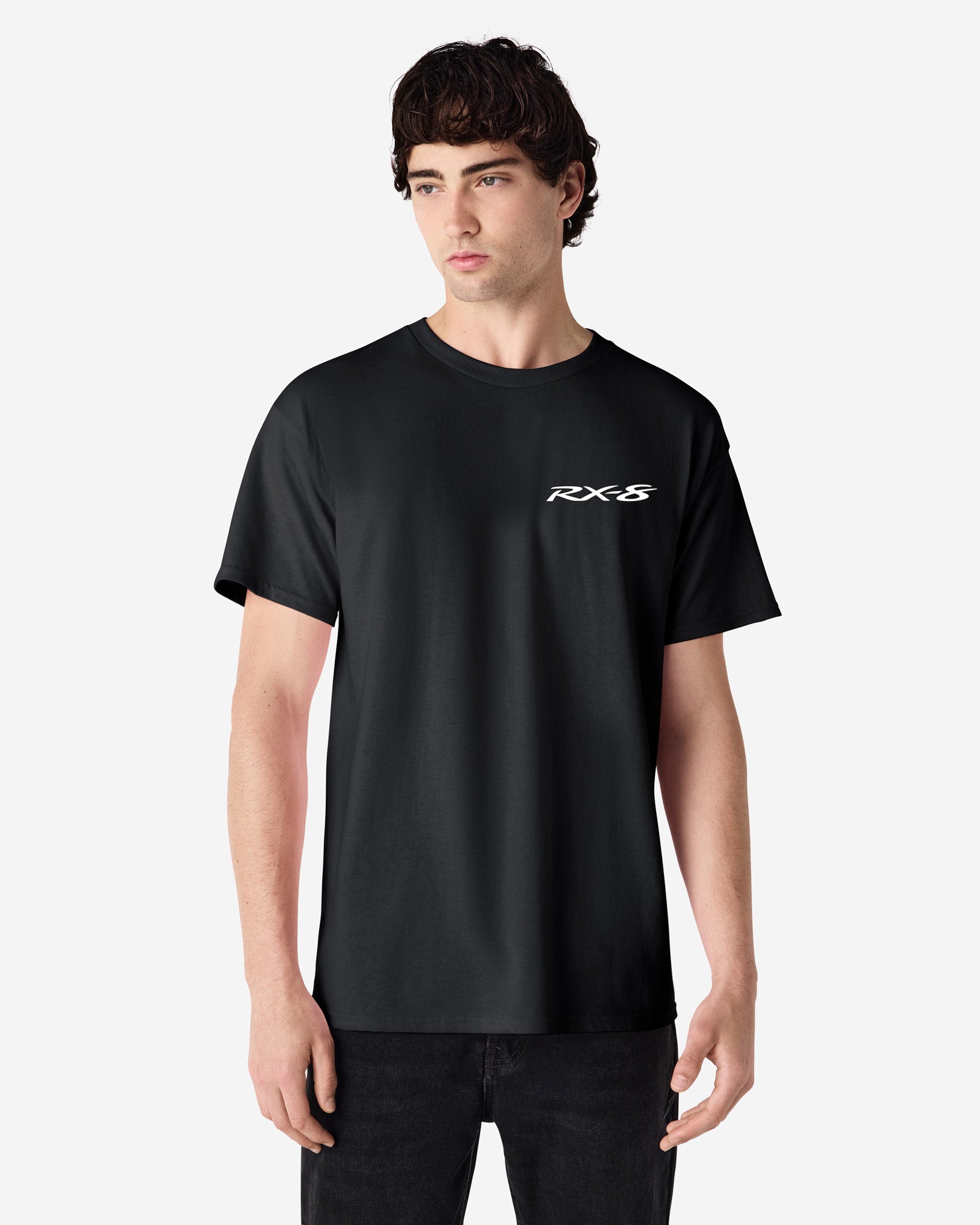 Person wearing a black t-shirt with 'RX-8' logo
